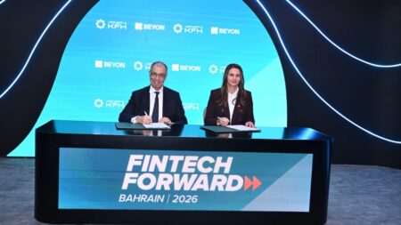 Beyon and KFH Bahrain executives sign the Supply Chain Finance agreement at FinTech Forward 2026 in Bahrain